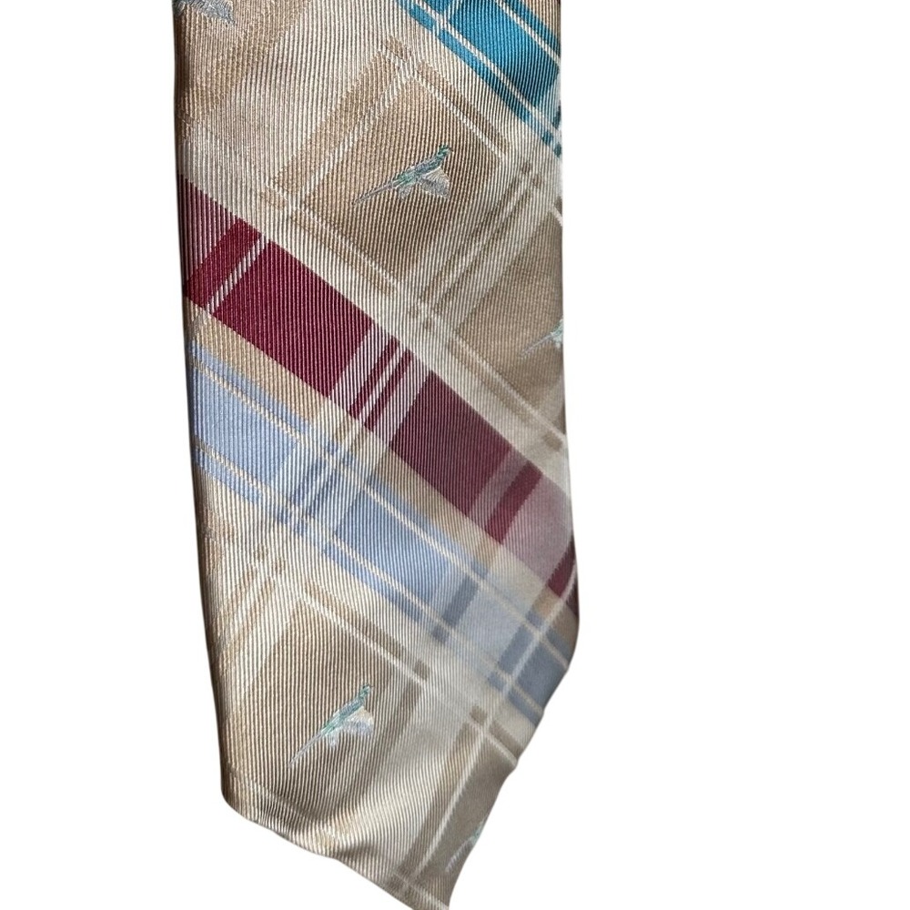 Vintage Erday's Pheasant Silk Tie Tan Burgundy Teal Plaid